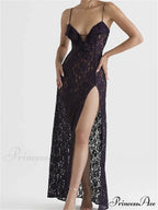 Lace Floral See Through for Women Sexy Sleeveless Strap V-neck Ruffles Patchwork High Split Vestidos