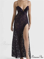 Lace Floral See Through for Women Sexy Sleeveless Strap V-neck Ruffles Patchwork High Split Vestidos