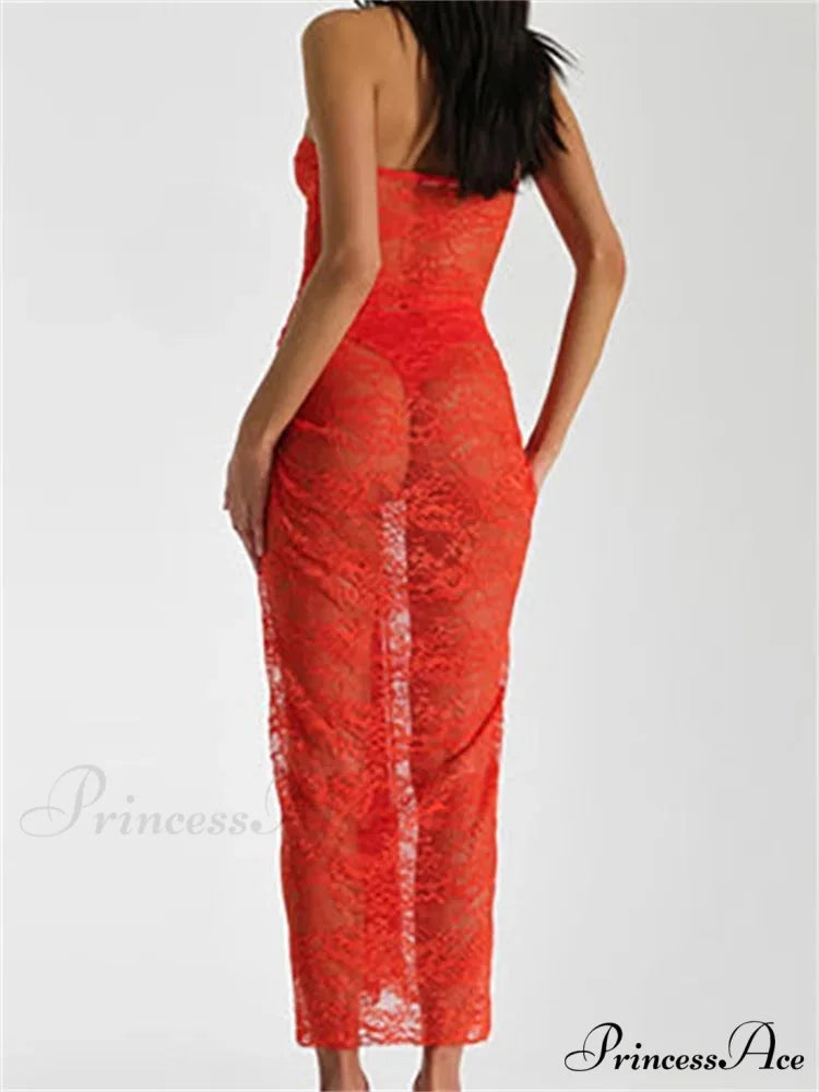 Lace Floral See Through Tube Summer Party Clubwear for Women Strapless Off Shoulder Ruched Push Up Vestido