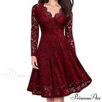 Lace Floral V Neck Long Sleeve Midi Dress