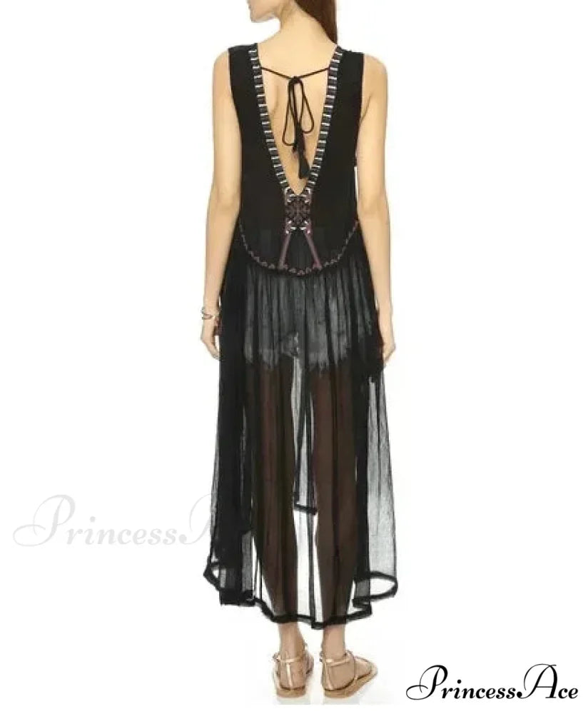 Lace Flounce Sleeve Fringe Hollow Maxi Boho Dress