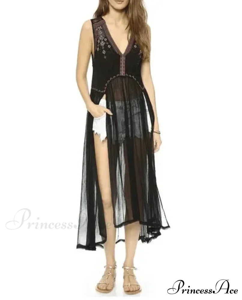Lace Flounce Sleeve Fringe Hollow Maxi Boho Dress