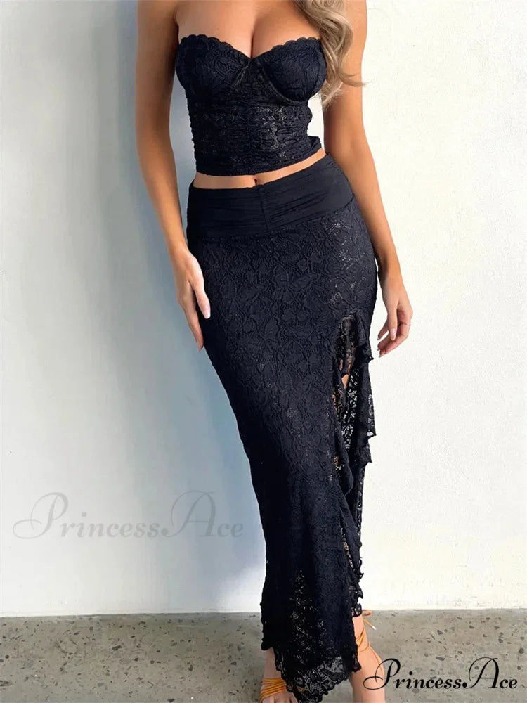 Lace Flowery Bustiers Crop Top Tall Split Long Skirt Set