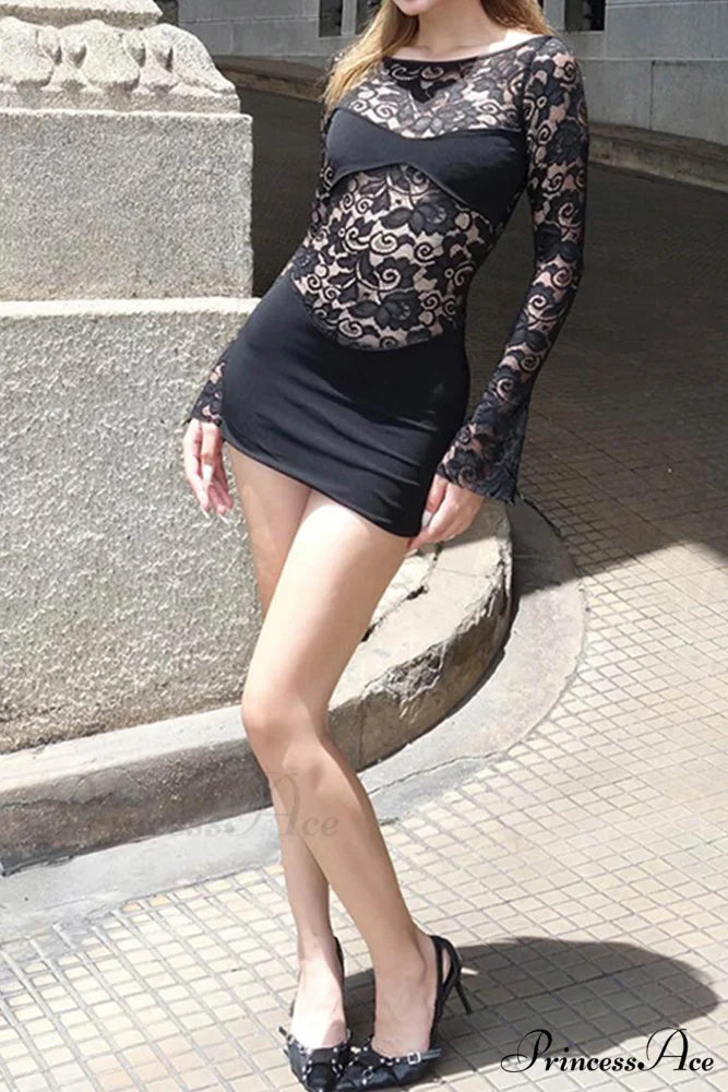 Lace Hollow Out Long Sleeve Pack Hip Dress