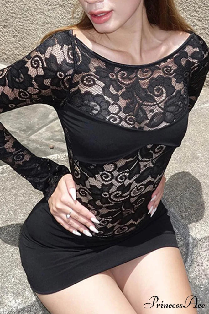 Lace Hollow Out Long Sleeve Pack Hip Dress