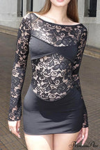 Lace Hollow Out Long Sleeve Pack Hip Dress