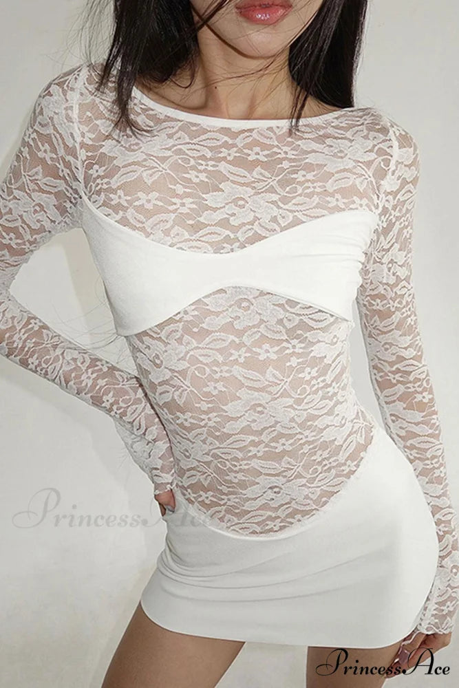 Lace Hollow Out Long Sleeve Pack Hip Dress