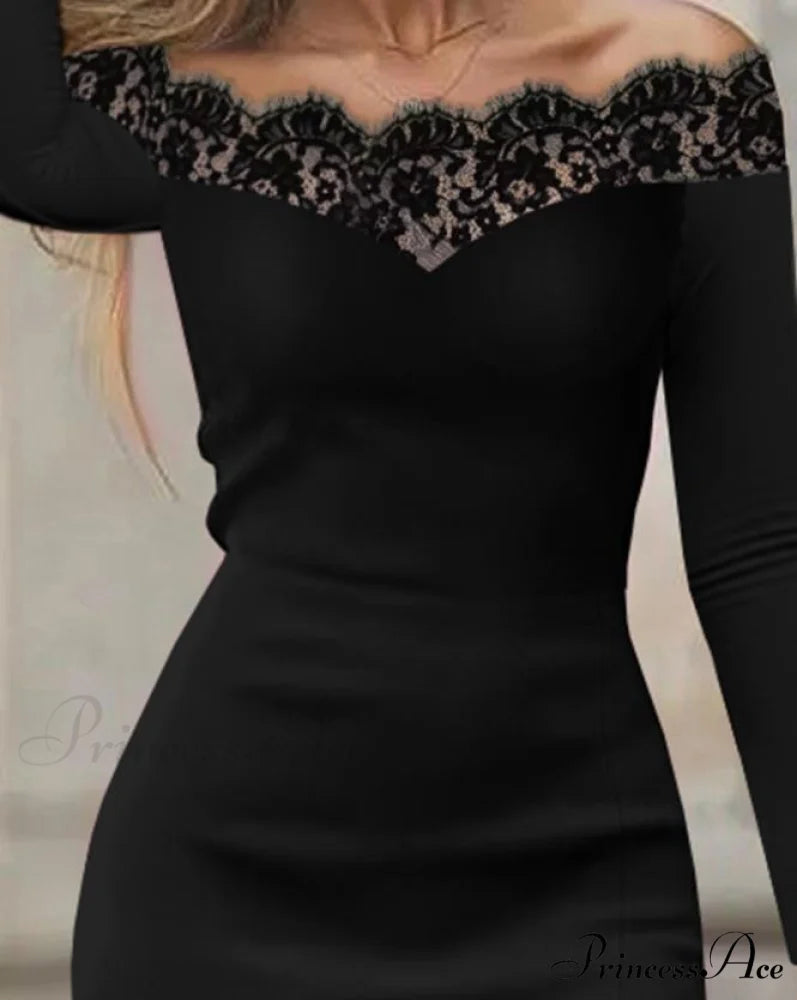 Lace Off Shoulder Long Sleeve Slit Midi Party Dress