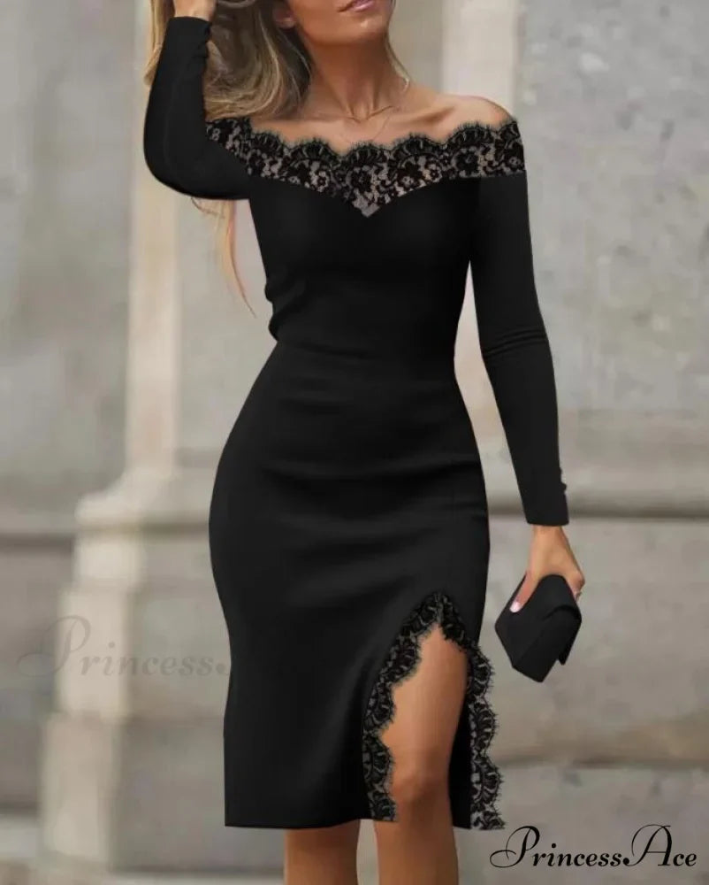 Lace Off Shoulder Long Sleeve Slit Midi Party Dress