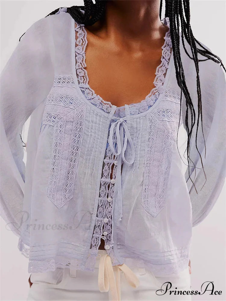 Lace Patchwork Button Fasten-Up Blouse