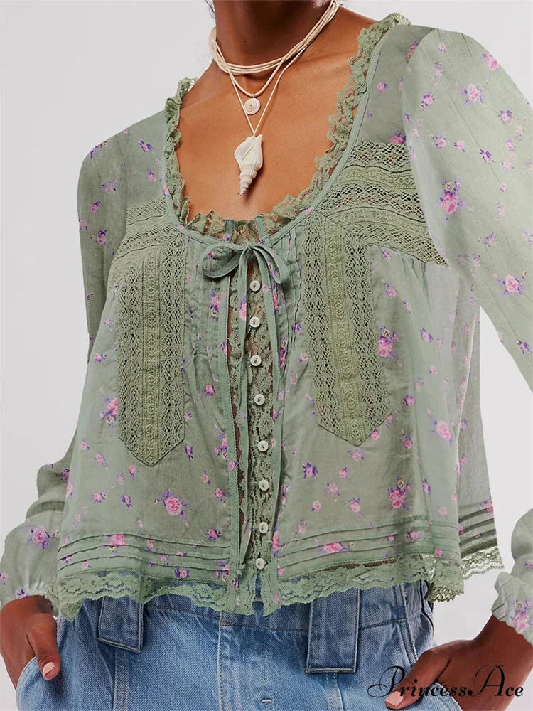 Lace Patchwork Button Fasten-Up Blouse