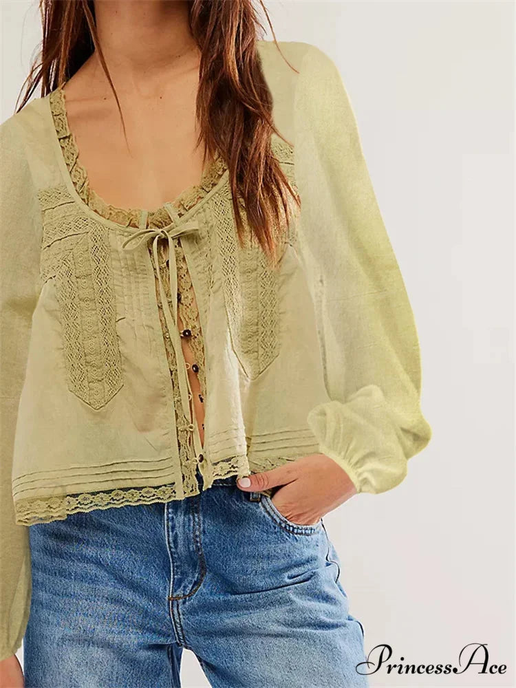Lace Patchwork Button Fasten-Up Blouse