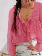 Lace Patchwork Button Fasten-Up Blouse