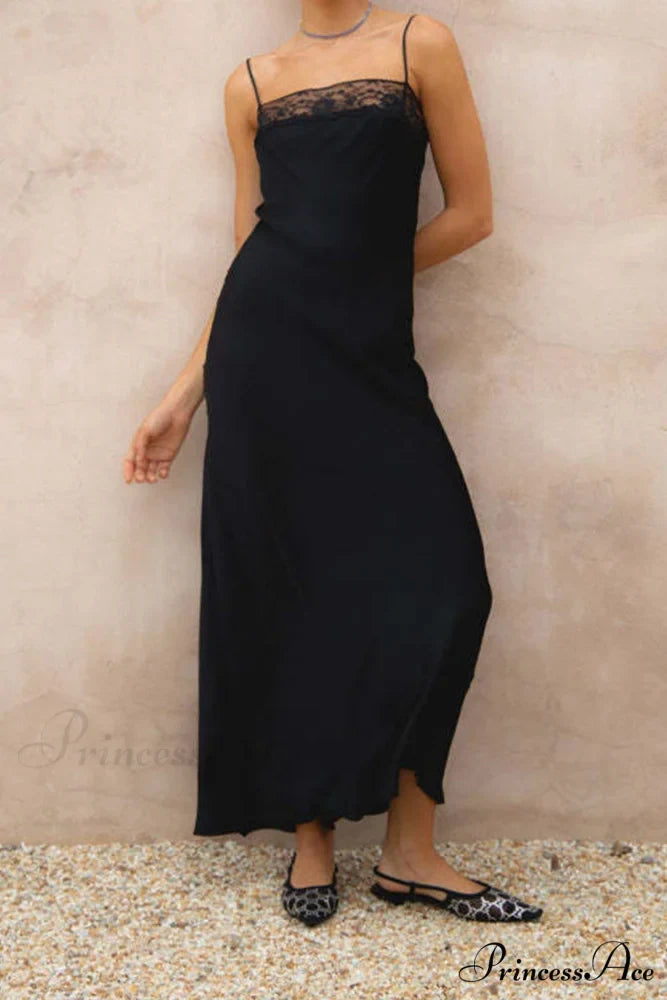 Lace Patchwork Cami Dress in Black