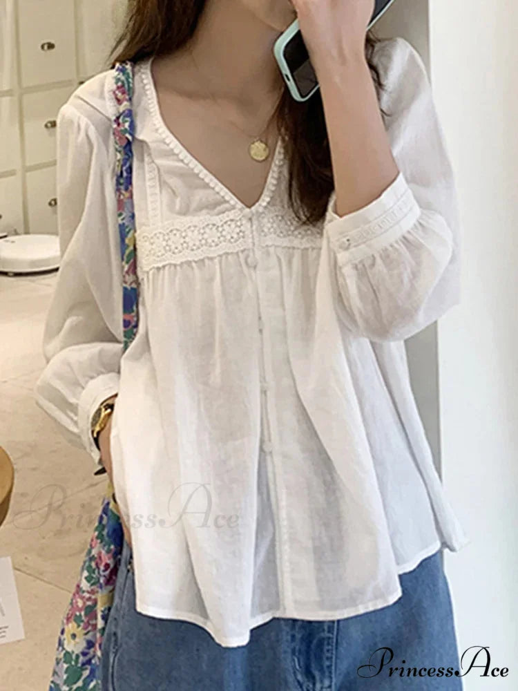 Lace Patchwork Deep-neck Generous Blouse