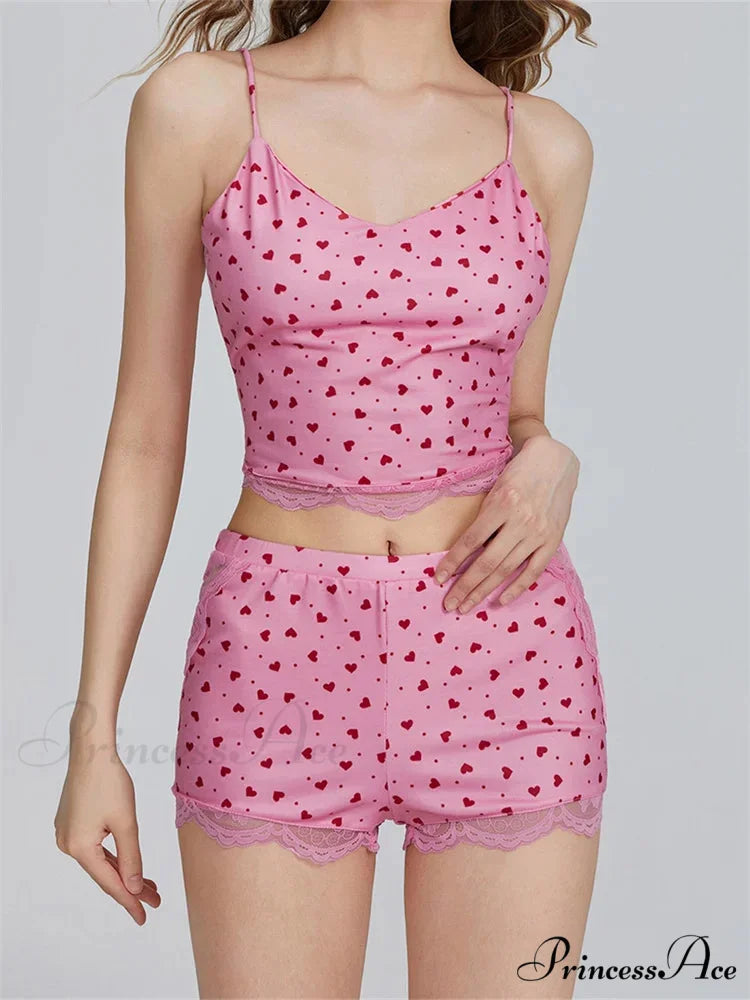 Lace Patchwork Heart Print Camis Crop Top with Informal Shorts Pajama Set