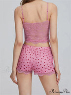 Lace Patchwork Heart Print Camis Crop Top with Informal Shorts Pajama Set