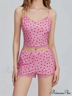 Lace Patchwork Heart Print Camis Crop Top with Informal Shorts Pajama Set