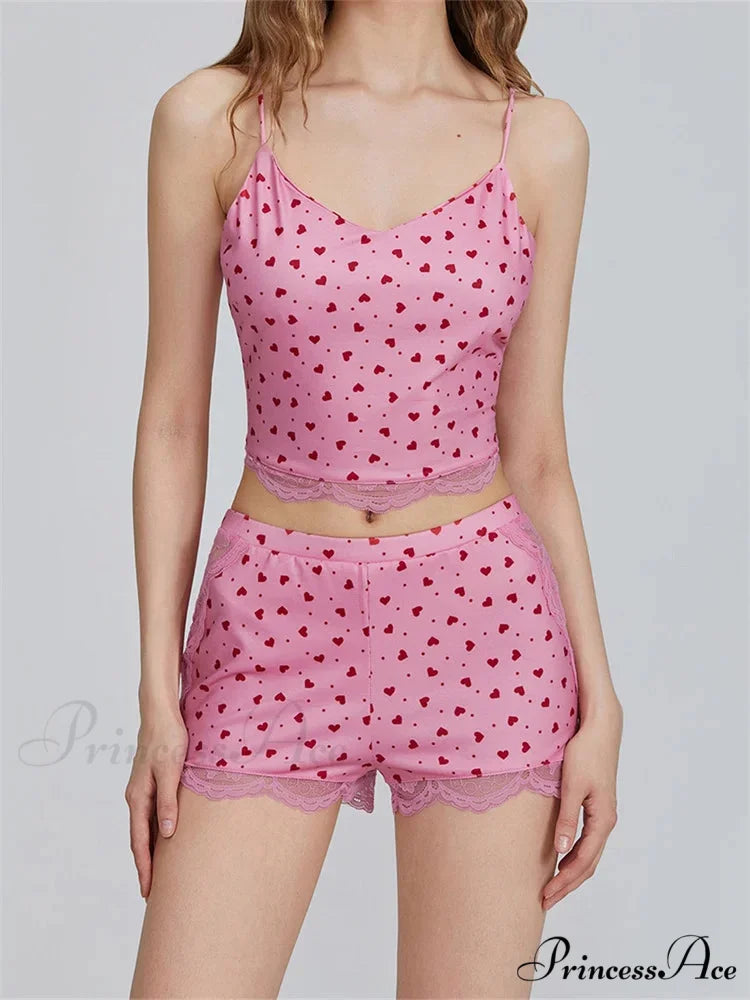 Lace Patchwork Heart Print Camis Crop Top with Informal Shorts Pajama Set