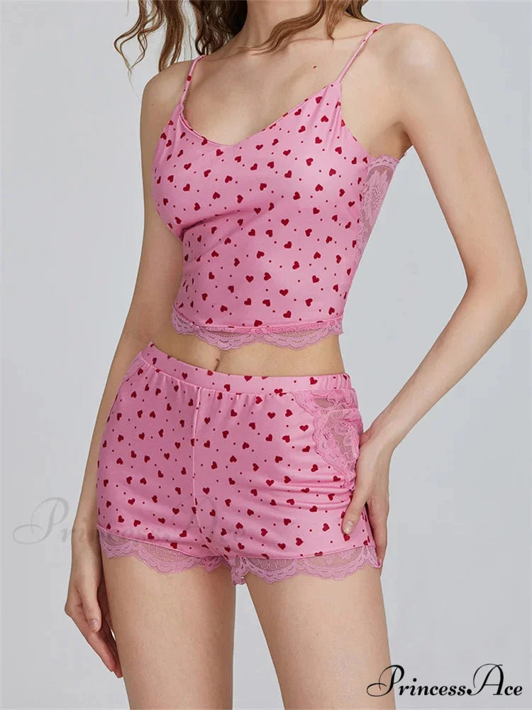 Lace Patchwork Heart Print Camis Crop Top with Informal Shorts Pajama Set