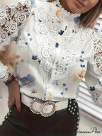 Lace Patchwork Hollow Out Button-Up Professional Blouse