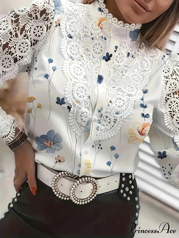 Lace Patchwork Hollow Out Button-Up Professional Blouse
