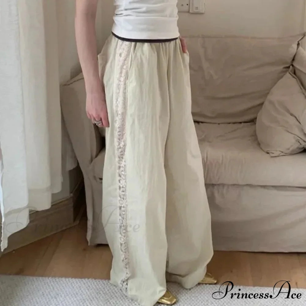 Lace Patchwork Ivory Wide Leg Trousers