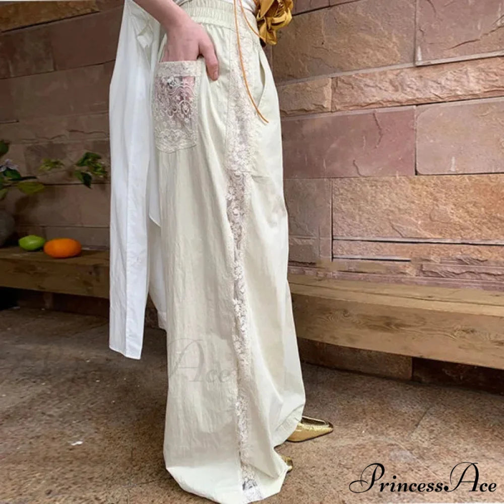 Lace Patchwork Ivory Wide Leg Trousers