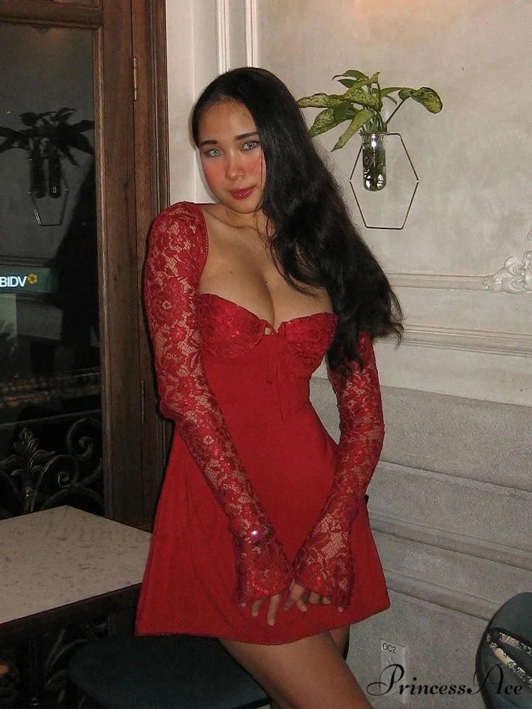 Lace Patchwork Lengthy Sleeve Mini Dress