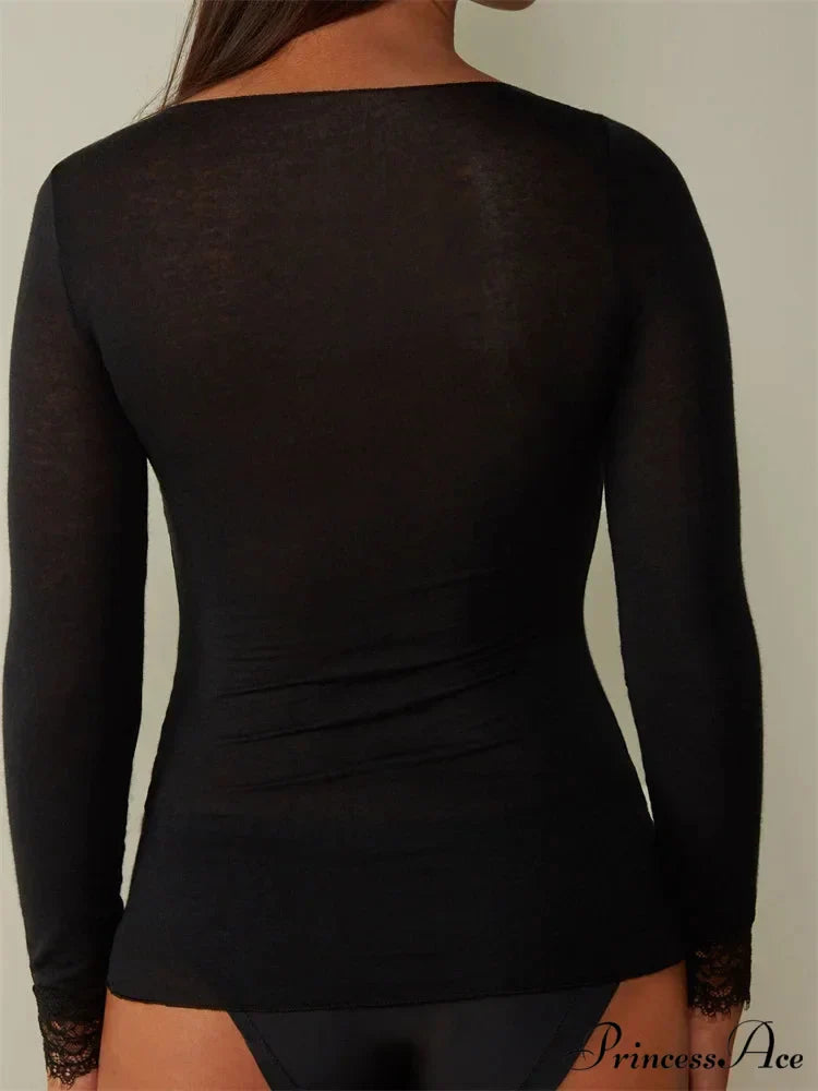 Lace Patchwork Long Sleeve V-neck Casual T-shirts