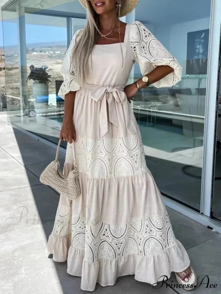 Lace Patchwork Loose Casual Beach Square Neck Boho Dress