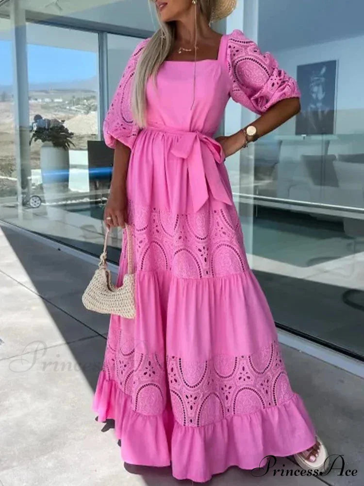 Lace Patchwork Loose Casual Beach Square Neck Boho Dress