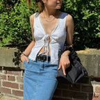 Lace Patchwork Ribbon Crop Top