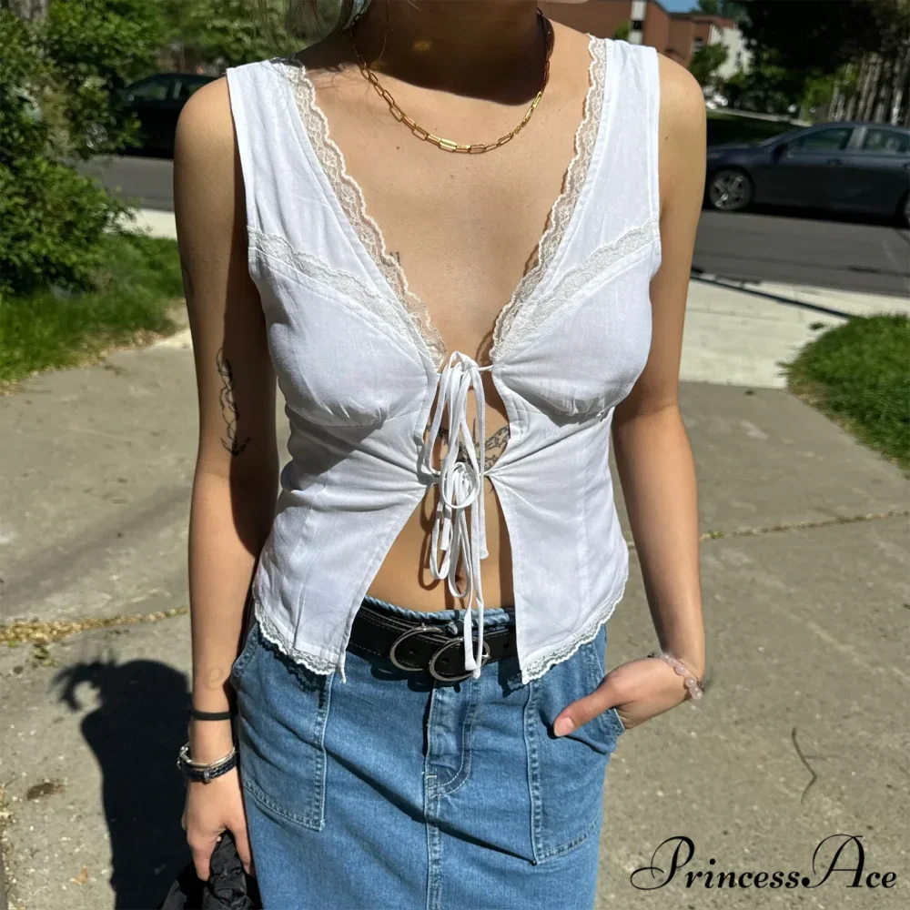 Lace Patchwork Ribbon Crop Top