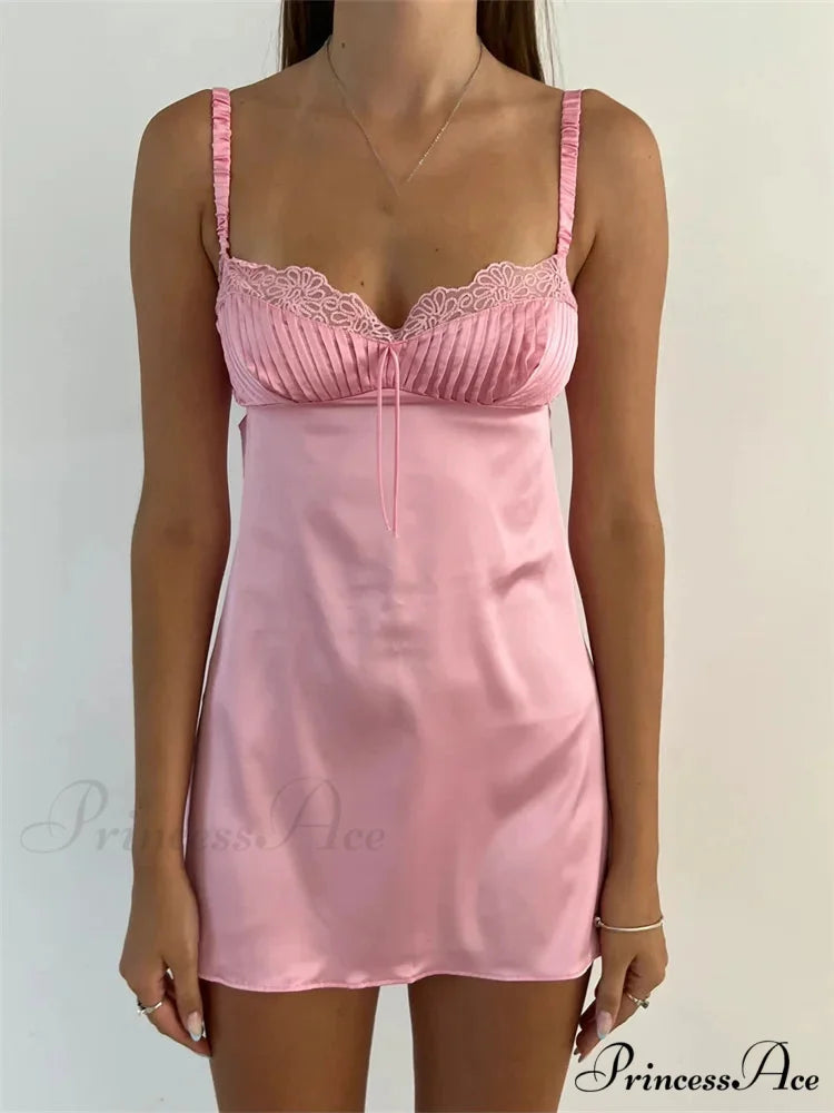 Lace Patchwork Ruched Vintage Sleeveless Strap Backless Mini Dress