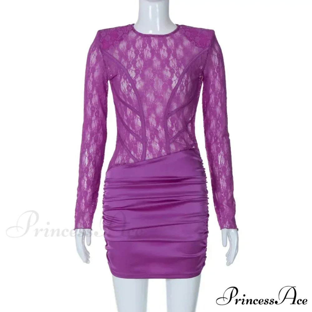 Lace Patchwork Sheer Sleeve Backless Mini Dress