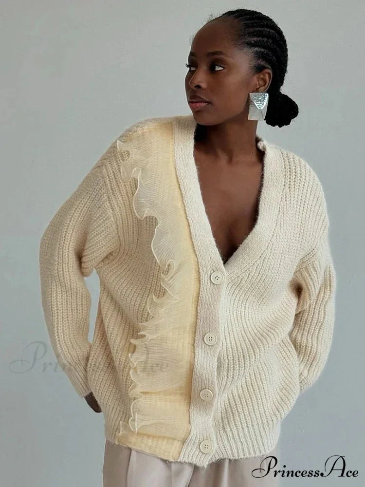 Lace Patchwork V-neck Ribbed CardiganModified Title: Lace Patchwork V-neck Ribbed Cardigan