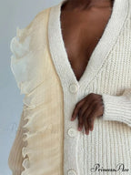 Lace Patchwork V-neck Ribbed CardiganModified Title: Lace Patchwork V-neck Ribbed Cardigan