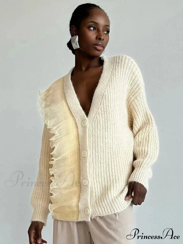 Lace Patchwork V-neck Ribbed CardiganModified Title: Lace Patchwork V-neck Ribbed Cardigan