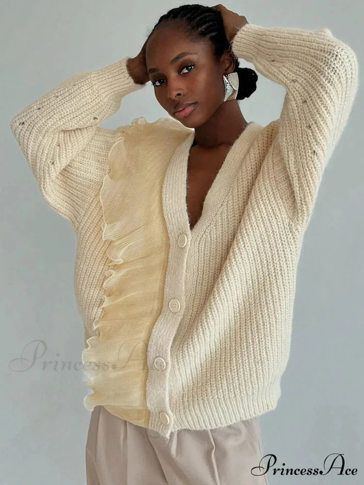 Lace Patchwork V-neck Ribbed CardiganModified Title: Lace Patchwork V-neck Ribbed Cardigan