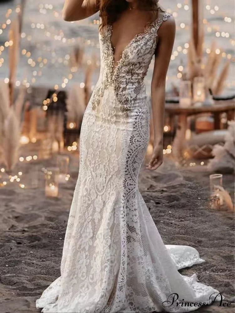 Lace Plunging Neckline Mermaid Bridal Gown