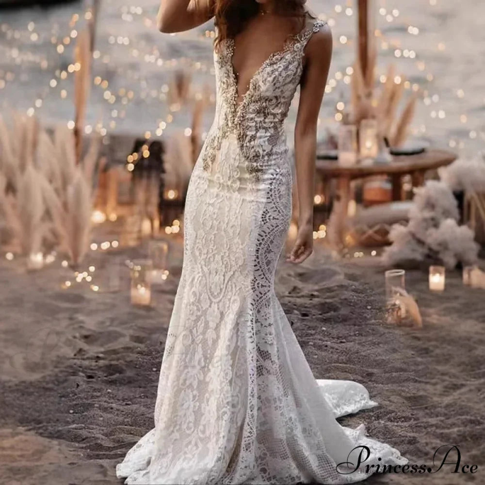Lace Plunging Neckline Mermaid Bridal Gown