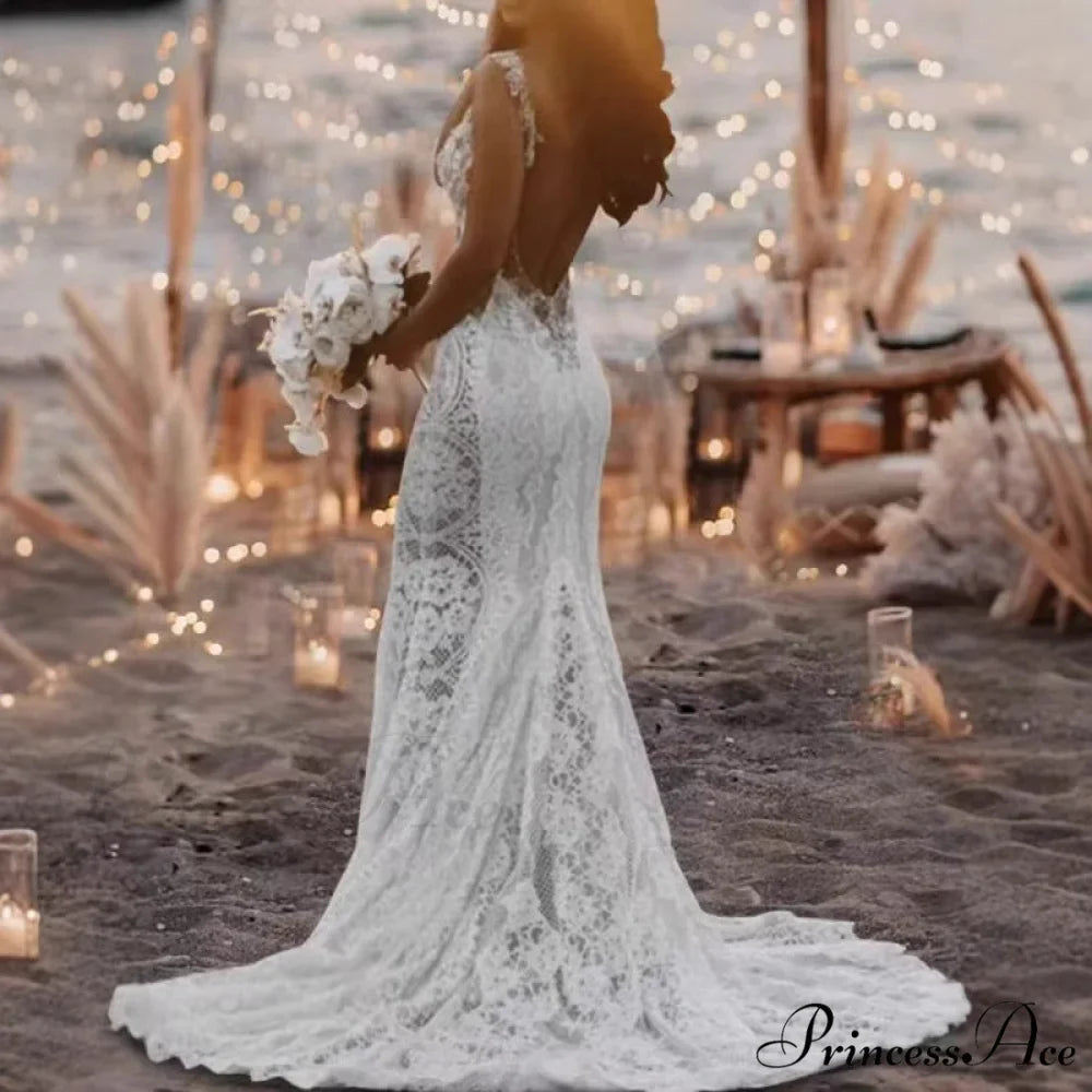 Lace Plunging Neckline Mermaid Bridal Gown