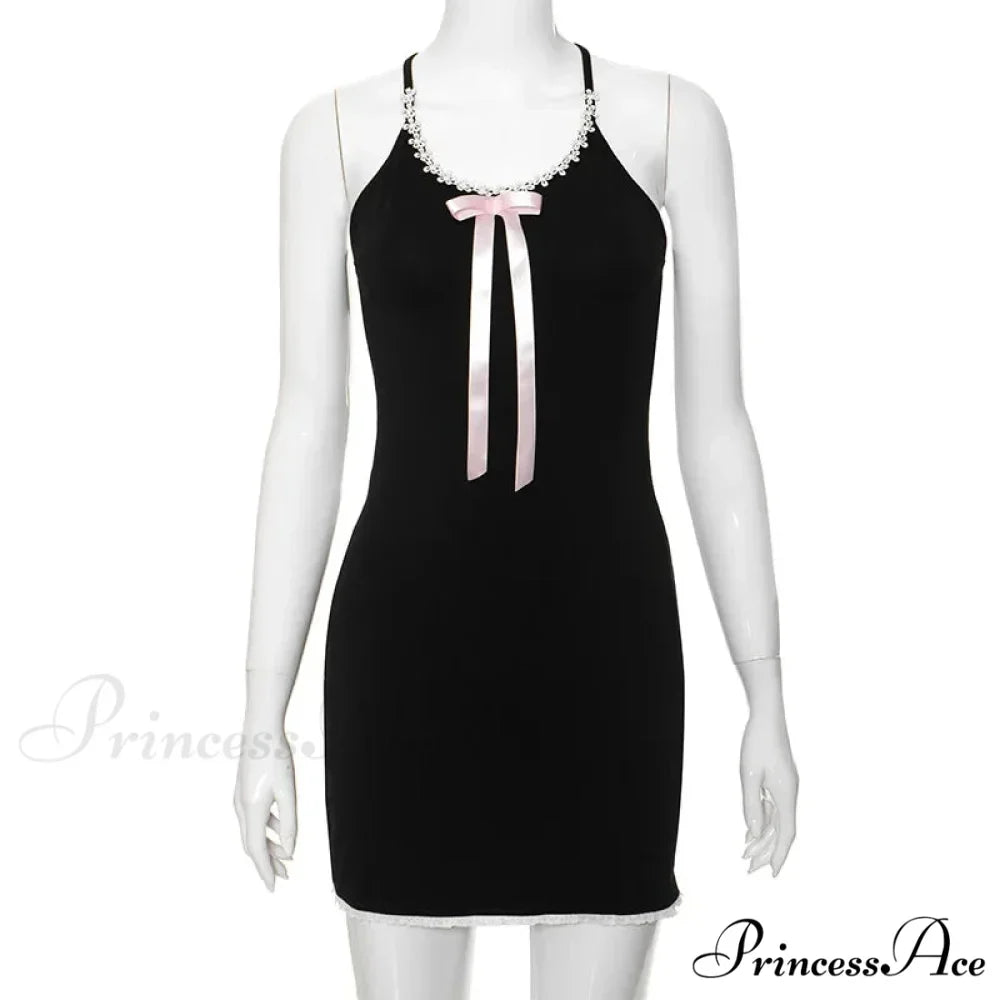 Lace Splice Bow Bandage Backless Black Bodycon Party Mini Dress