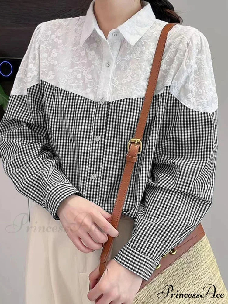 Lace Stitching Checkered Long Sleeve Top Bohemian Top