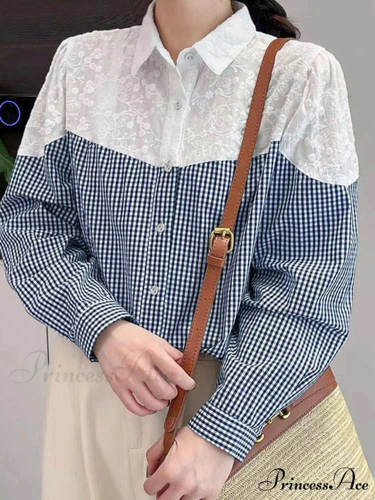 Lace Stitching Checkered Long Sleeve Top Bohemian Top