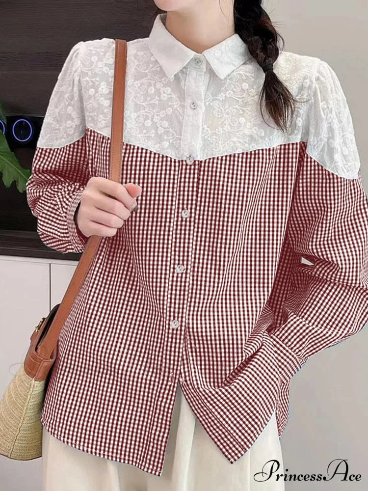 Lace Stitching Checkered Long Sleeve Top Bohemian Top