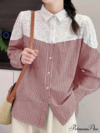 Lace Stitching Checkered Long Sleeve Top Bohemian Top