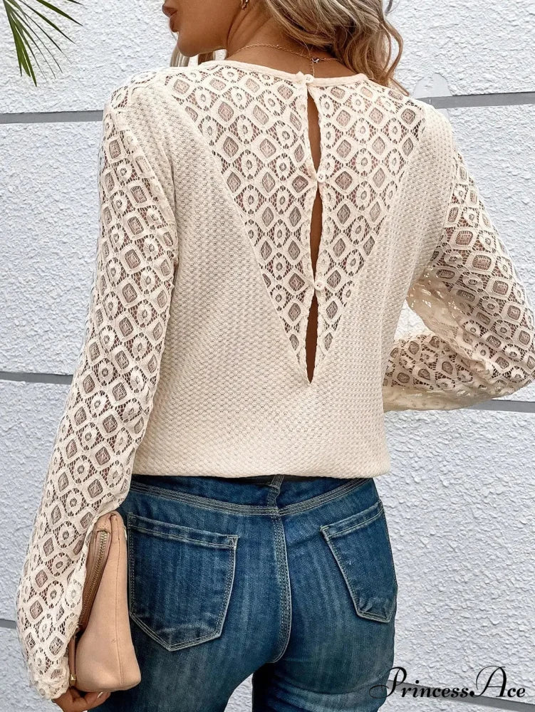 Lace Stitching Monochrome Informal Round Neck Long Sleeve T-shirt Women