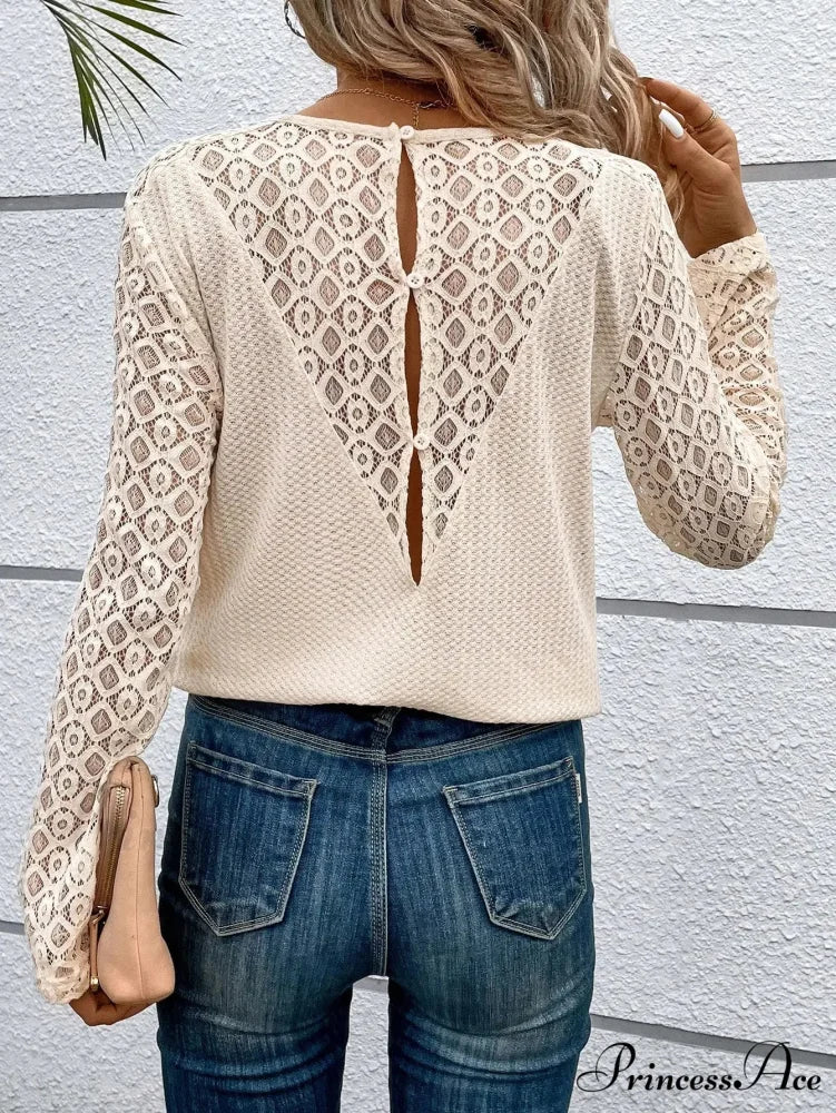 Lace Stitching Monochrome Informal Round Neck Long Sleeve T-shirt Women